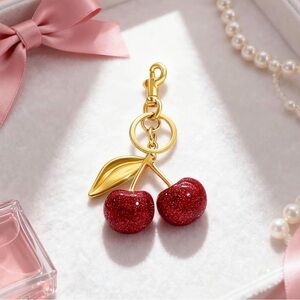 Sparkling Gold and Red Cherry Keychain NEW